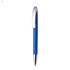 A blue metal pen with a shiny chrome clip and nib, featuring a branded logo.