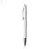 A white metal pen with a silver tip and clip, featuring a smooth design and a simple logo.