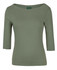 A green ladies' 3/4 sleeve boat neck tee shirt with a fitted design, featuring a branding logo.