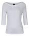 A white ladies' 3/4 sleeve boat neck tee with a soft, smooth fabric and a branded tag.