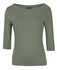A ladies' 3/4 sleeve boat neck tee in olive green, featuring a fitted design and a logo.