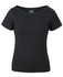 A black boat neck t-shirt made of soft fabric, featuring short sleeves and a fitted design. It has a logo tag.