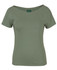 A green ladies' short sleeve boat neck tee, featuring a fitted design and a logo inside the collar.