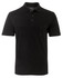 A black polo shirt featuring a pocket and a logo on the collar. Short sleeves and a classic design.