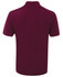 A maroon polo shirt featuring a collar and short sleeves, with a branding logo on the back.