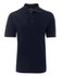 A navy blue polo shirt featuring a collar, buttons, and a pocket, with a logo present on the fabric.