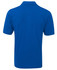 A blue polo shirt with a classic collar and short sleeves, featuring a logo on the back.