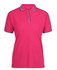 A pink ladies' polo shirt featuring contrasting blue trim and a logo on the collar.