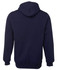 A navy hoodie featuring a hood and long sleeves, with a plain back design and a branded logo.