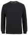 A black jumper with a crew neck and long sleeves. It features a solid design and includes a branding logo.