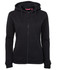 A black full zip fleece hoodie for women with a hood and front pockets, featuring a logo.