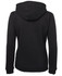 A black ladies' full zip fleece hoodie featuring a hood and a fitted design. It includes branding on the back.