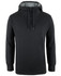 A black sports hoodie with a grey interior, featuring a hood and side pockets. It has a logo on it.
