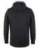 A black hoodie with a grey-lined hood, featuring a logo on the back. Designed as a casual jumper.