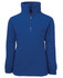 A blue polar fleece jacket featuring a half-zip collar and long sleeves. It has a branding logo.