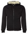 A black hoodie featuring a natural-coloured fleece lining and a front zip. It has a logo on the chest and pockets.