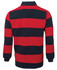 A rugby shirt featuring navy and red horizontal stripes, with a collar and long sleeves. It has a logo on the side.