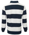 A rugby-striped T-shirt in navy and white, featuring long sleeves and a classic collar. It has a brand logo.
