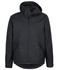 A black rain jacket with a hood, featuring zipper pockets and a logo on the front.