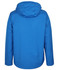 A blue rain jacket featuring a hood and a simple design. It includes a logo on the back.