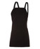 A black canvas bib apron with cross back straps and a front pocket. It features a branding logo.