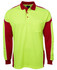 A long-sleeved polo shirt in high-visibility yellow with red panels and a logo on the chest pocket.