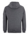 A grey work hoodie featuring a hood and long sleeves, with a logo on one sleeve.