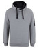 A grey hoodie with a black hood and drawstrings, featuring a logo on the sleeve.