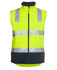 High-visibility softshell vest in bright yellow with reflective silver stripes and a navy blue base. Features a zipper and logo.