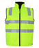 High-visibility vest in bright yellow with reflective stripes and a front zip. Features a zippered collar and pockets.