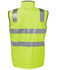 A high-visibility safety vest in bright yellow with reflective stripes. It features a sleeveless design and a logo.