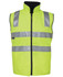 A high-visibility vest in bright yellow with grey reflective stripes and a zip closure. Features a branding logo.