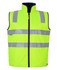 A high visibility vest in bright yellow with reflective stripes and a zip front, featuring a branding logo.