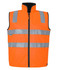 An orange safety vest featuring reflective stripes, designed for visibility and safety, with a front zipper and black collar.