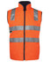 High-visibility orange vest with silver reflective strips and a zip front. Features a collar and has a logo.