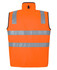 An orange safety vest featuring reflective strips and a high collar. It has a logo on the back.