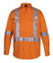 An orange long-sleeve safety shirt with reflective tape, featuring two chest pockets and a logo.