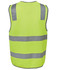 A high-visibility safety vest in bright yellow with reflective grey stripes and a logo.