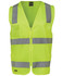 A high-visibility yellow zip safety vest with grey reflective stripes and pockets, featuring a logo.