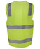 A high-visibility yellow safety vest with grey reflective strips and a logo on the back.