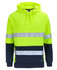 A high-visibility hoodie in bright yellow and navy, featuring reflective strips and a drawstring hood.