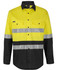 A long-sleeve work shirt in bright yellow and black, featuring reflective stripes and two chest pockets. It has a logo.