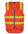 An orange safety vest with reflective yellow strips and a front zipper, featuring a logo.