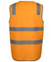 An orange safety vest featuring reflective grey stripes and a branding logo.