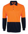 An orange and navy long-sleeve polo shirt with a pocket and logo.
