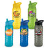 A drink bottle collection featuring yellow, green, blue, and grey bottles, each with a logo on them.