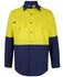 A long-sleeved, ripstop fishing shirt in high-visibility yellow and navy blue, featuring two front pockets and a logo.