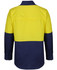 A long-sleeved fishing shirt in yellow and navy with a back design and a visible logo.