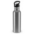 A drink bottle made of stainless steel with a black cap. It has a sleek, shiny finish and a logo on the side.
