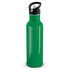 A drink bottle in a vibrant green color with a black cap and a built-in handle for easy carrying.